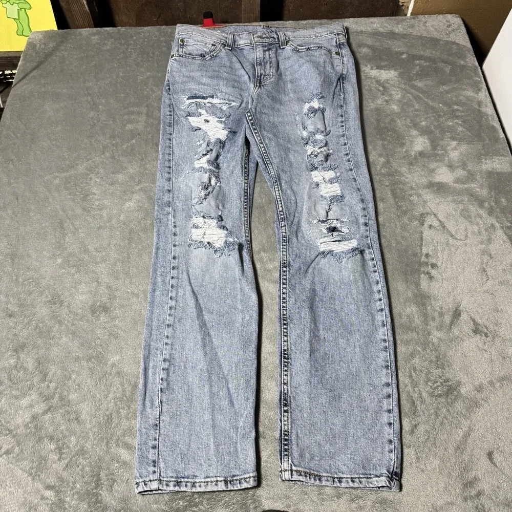 Levis 511 Jeans Men 32x30 Blue Slim Fit Pants Light Wash Denim Distress Hipster